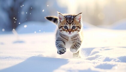 雪の上を走り回る子猫の写真