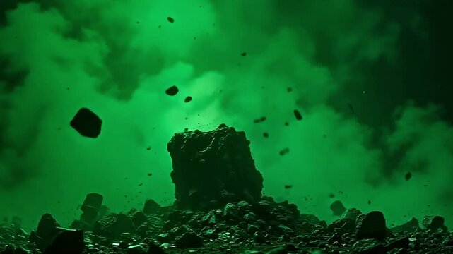 A quiet breath breaks as explode dark shadow flash demolishes the statue, its fragments floating momentarily in a glowing green background before falling.