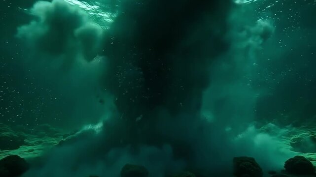 Underwater structures shimmer as explode dark shadow flash rips through the current, sending streaks of black through a glowing aquatic green background.