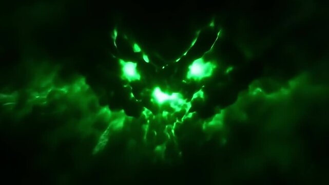 A mirror cracks just before explode dark shadow flash surges forward, splinters reflecting a fierce green background that pulses with dread.