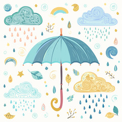 A simple weather themed icon set showing cute umbrella variations in soft hand drawn outlines