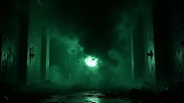 A cry echoes just before explode dark shadow flash engulfs the chamber, coating walls in flickering darkness beneath a steady green background of cold stillness.