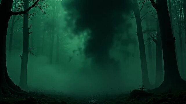 A surge of evil energy erupts when an explode dark shadow flash tears through the silent forest, casting twisted shadows that ripple across a haunting green background thick with unnatural