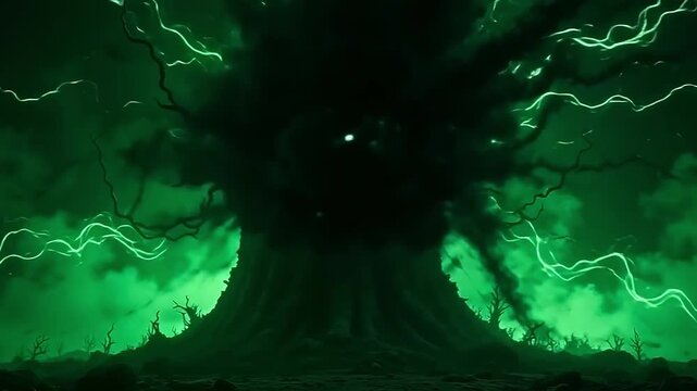 As the relic activates, an explode dark shadow flash explodes from its center, sending spectral tendrils outward against a glowing green background filled with pulsing energy waves.