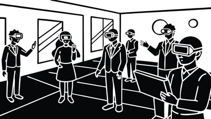 Group of people wearing VR headsets in a modern room