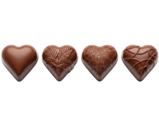 Four heart-shaped chocolates isolated on transparent background