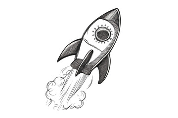 Hand drawn rocket taking off with smoke, symbolizing business launch, new project, space travel, and progress on transparent background