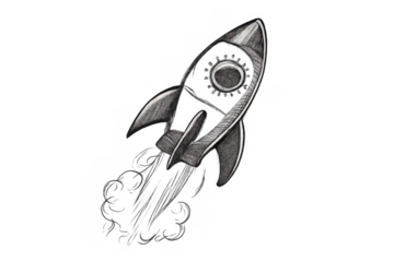 Hand drawn rocket taking off with smoke, symbolizing business launch, new project, space travel, and progress on transparent background