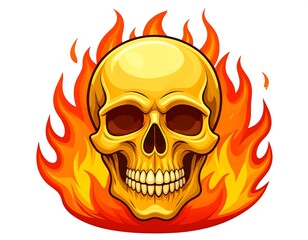 Golden skull with glowing red flames. Illustration, isolated on a white background