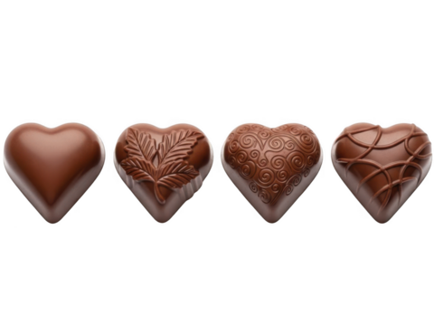 Four heart-shaped chocolates isolated on transparent background - Powered by Adobe