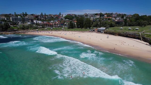 Bronte Beach Coastline In Sydney, NSW, Australia - Aerial Shot 4k