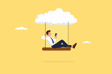 Fototapeta premium cloud computing on corporate infrastructure, remote work or work from home, technology to connect humans to complete work, businessman working using laptop sitting on cloud swing concept illustration