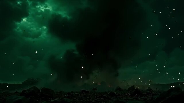 A spark flares into explode dark shadow flash across the battlefield, carving chaos under a dark green background flooded with shrapnel light.