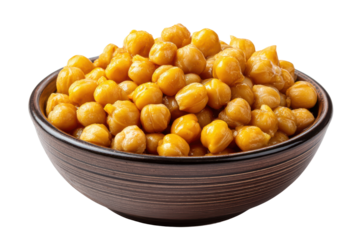 Bowl of cooked chickpeas with shiny golden brown texture against black background garbanzo beans, Png, Isolated on Transparent Background, Cut Out