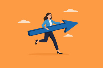 business objective and strategy, symbol of business goal, opportunity and challenge, business mission concept, a businessman who runs while carrying a guiding arrow vector illustration flat design