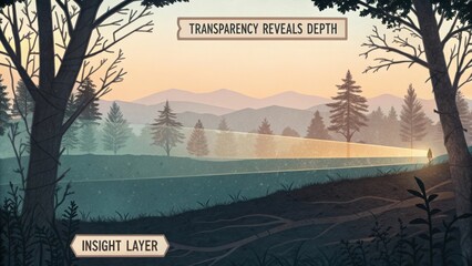 Nature Scene with Transparent Layers Showcasing Depth and Insight in a Serene Forest Landscape at Dusk