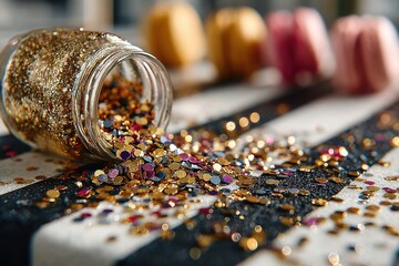 Glitter spills from a jar with blurred macarons in background