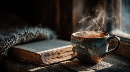 Warm drink steams next to a weathered book on a rustic windowsill