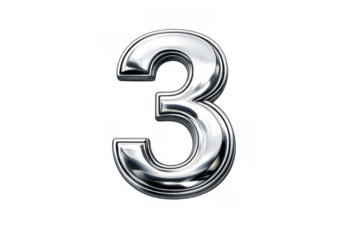 Number 3, shiny chrome metal digit with reflections, isolated on a transparent background, third place symbol