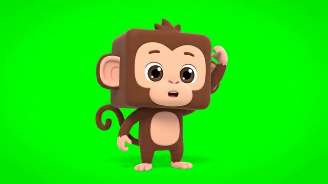 Cute cartoon monkey with a square head scratching its head on a green screen background.
