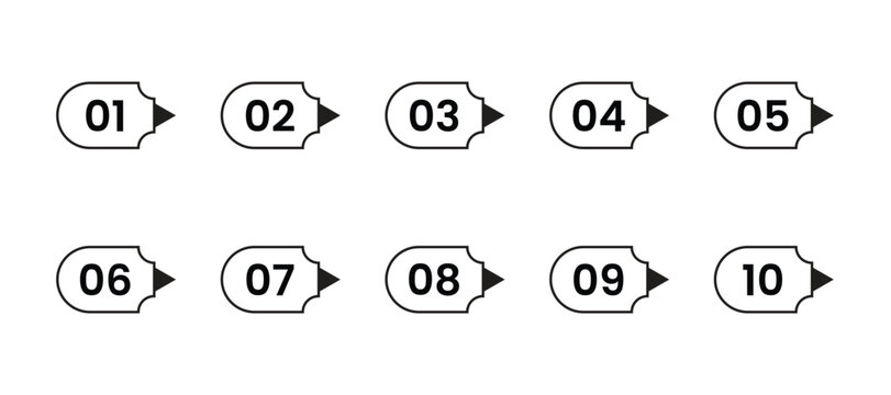 Numbered bullet points with arrows from one to ten. Black outline process diagram set.