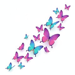 3D semi-realistic artwork of colorful butterflies flying in an airy diagonal composition, pink, purple, blue, and teal wings, smooth gradient wings with subtle vein details, clean outlines