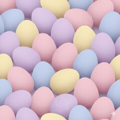 3D semi-realistic background of pastel Easter eggs tightly packed, pink, lavender, pale yellow, and blue tones, soft speckled shell texture, rounded egg volume, subtle shadows between eggs