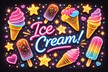 A vibrant 3D semi-realistic neon pattern featuring ice creams, stars, and playful typography. Glowing outlines, layered light halos, soft reflections, dark background contrast