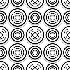 Abstract geometric pattern of repeating concentric circles, bold black and white color scheme, seamless tiled layout, clean shapes, ultra-sharp edges, strong 3D depth illusion using layered rings