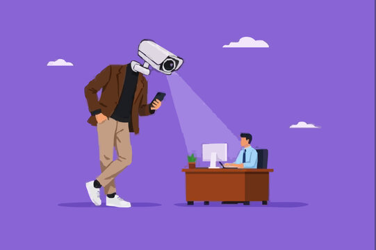 micromanaging boss with cctv head, excessive supervision of employees, toxic manager monitoring employee every time, micromanaging boss with use a magnifying glass to keep an eye on employees working