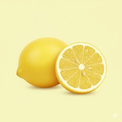 3D semi-realistic illustration of a whole lemon and a sliced half on a clean yellow background. Focus on smooth forms, subtle surface texture, realistic pulp detail, soft shadows, and balance