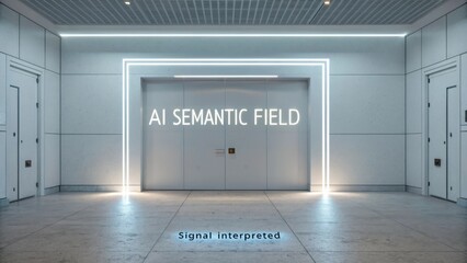 Modern interior design showcasing AI semantic field concept with illuminated signage and contemporary architecture