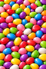 Dense pile of small colorful candy pebbles filling the frame, 3D semi-realistic illustration, rounded glossy shapes with strong dimensional depth, vibrant saturated colors (red, blue, yellow, green)