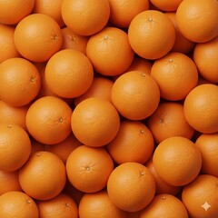 A 3D semi-realistic composition showing a dense pile of whole oranges. Use overlapping forms, realistic spherical depth, soft shadows between fruits, subtle peel texture