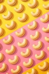 Neatly spaced cashew nuts arranged in a repeating pattern, 3D semi-realistic style, curved nut shapes with subtle wrinkles, warm beige tones, diagonal split background