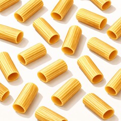 Scattered rigatoni pasta pieces viewed from above, 3D semi-realistic illustration, cylindrical shapes with visible ridges and hollow centers, warm wheat-yellow color, realistic soft shadows for depth