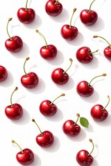 Scattered ripe cherries viewed from above, 3D semi-realistic illustration, plump rounded forms with glossy red surfaces, natural color variation from deep crimson to dark red, thin curved stems