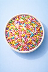 Top-down view of a ceramic bowl filled with colorful sugar sprinkles, 3D semi-realistic illustration, cylindrical and round sprinkle shapes with glossy finish, pastel and bright candy colors