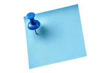 Blue pushpin securing a light blue paper square on a black background image, Png, Isolated on Transparent Background, Cut Out