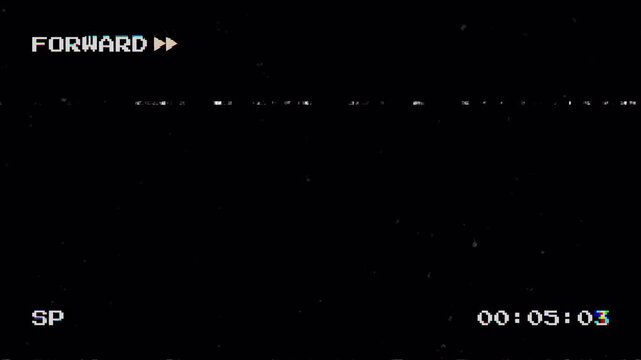 Retro VHS fast-forward screen with FORWARD icon, SP label, timestamp, and analog static distortion on transparent background. 4K video