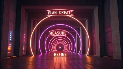 Neon Arches Representing Plan, Create, Measure, and Refine in a Visual Futuristic Indoor Environment