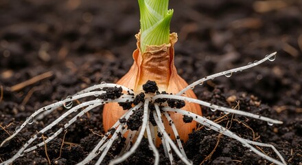Sprouting onion bulb growing roots in fertile wet soil closeup macro gardening cultivation