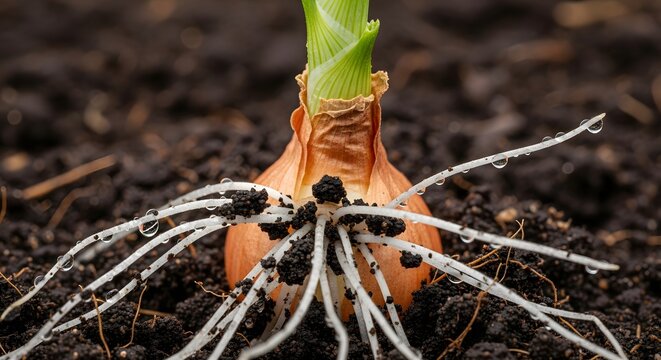 Sprouting onion bulb growing roots in fertile wet soil closeup macro gardening cultivation - Powered by Adobe