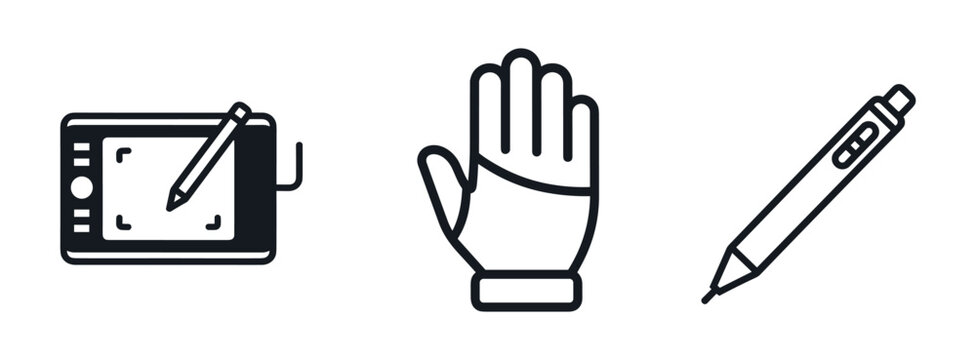 Professional digital graphic design set with drawing tablet, glove and pen stylus elements.