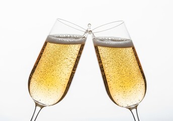 Two champagne flutes clinking together in a toast isolated on white background