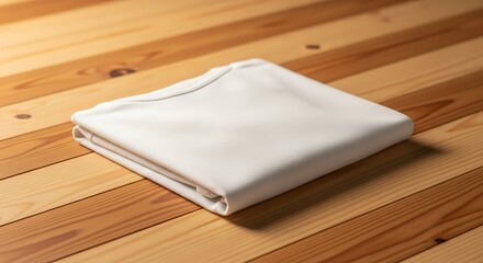 Crisp white folded shirt resting on a warm wood surface showcasing minimalist elegance and clothing presentation