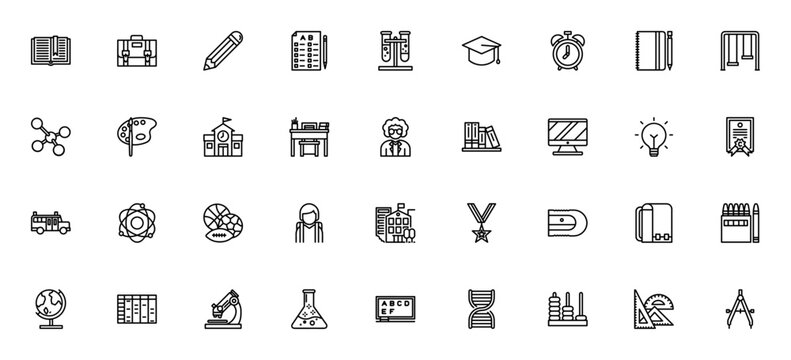 Education icon set. Vector illustration. Minimal line icons pack. Includes symbols for book, pencil, student, school, university, computer, diploma, microscope and more. Editable stroke.