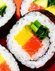 Close-Up Shot of Colorful Sushi Rolls with Fresh Ingredients on a Bright Background for Food Greeting Card Concept