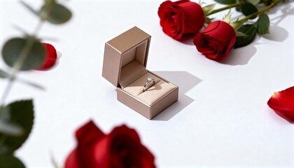 Elegant Minimalist Arrangement of a Ring in a Box Surrounded by Red Roses for Seasonal Celebrations and Romantic Occasions
