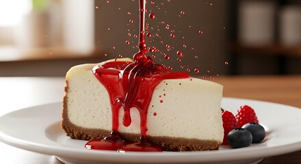 Decadent cheesecake slice with luscious berry sauce and fresh fruits